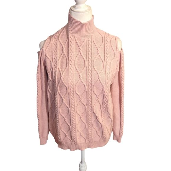 Do +Be blush Pink sweater cold shoulder mock turtleneck cable stitch. Sz L - Picture 9 of 10